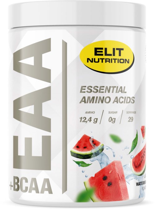 Container of amino acids powder with watermelon flavor, 29 servings, no sugar, 12.4g amino acids per serving.