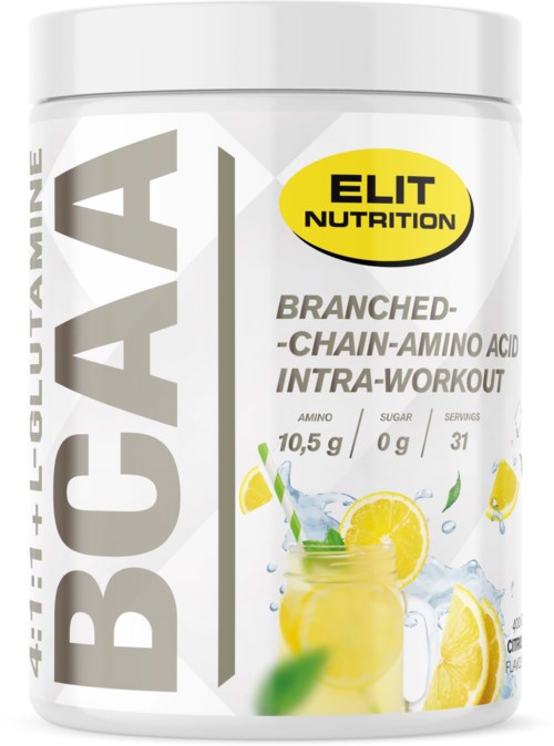 A container of BCAA supplement with lemon flavor, labeled as intra-workout, contains amino acids, no sugar, 31 servings.