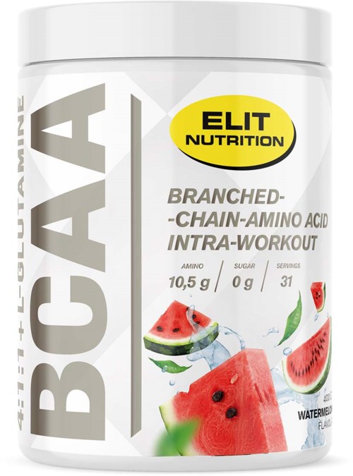 A white container labeled 'BCAA' with watermelon images and a yellow 'Elite Nutrition' logo, showing amino acid supplement details.