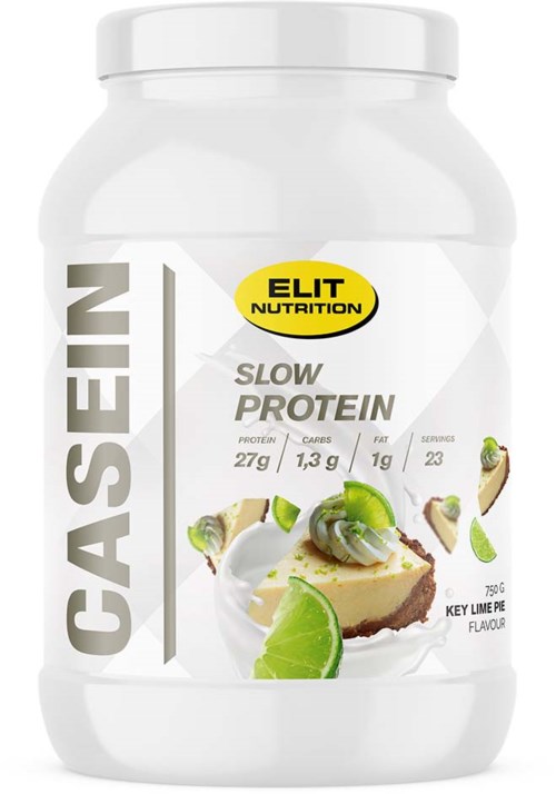 Ein weißer Behälter mit Slow Protein Lime Geschmack, zeigt Limettenscheiben und Dessert auf dem Etikett.