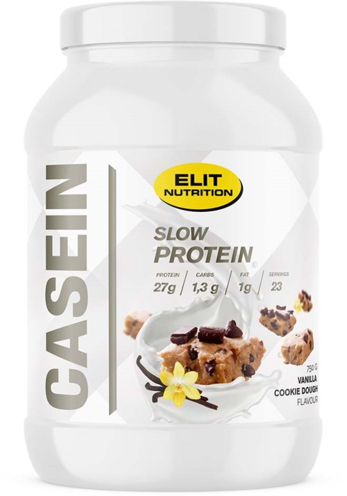 A white protein supplement container with a yellow label, displaying chocolate chip cookie dough flavor and nutritional info.