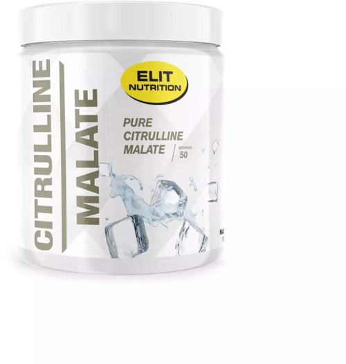 Container of CITRULLINE MALATE supplement with ice cubes and water splash design.
