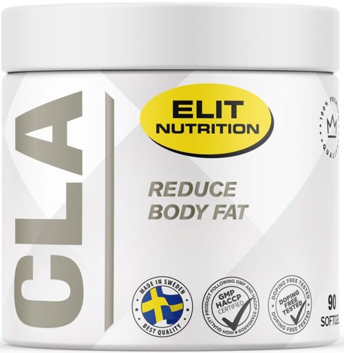A white container label features yellow and black ELIT NUTRITION logo, with text about reducing body fat, Swedish quality, and testing.