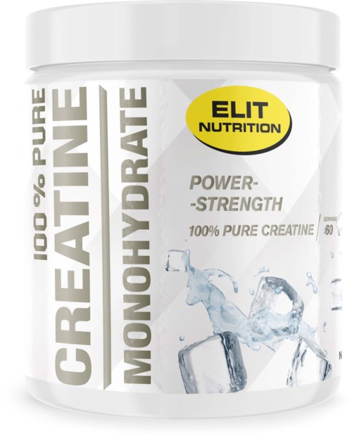 White container with water, ice cubes, text about pure creatine, power, strength, and ELIT Nutrition logo.
