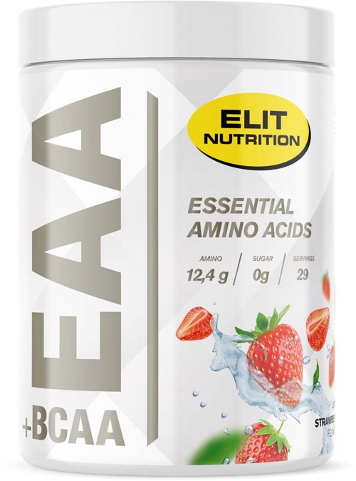 A container of ELIT Nutrition Essential Amino Acids supplement with strawberries and water splash illustration.