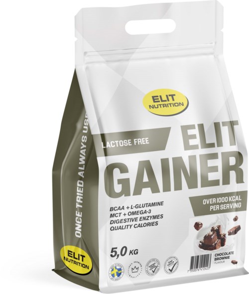 Laktosfri proteinpulverpåse med varumärket ELIT Nutrition, chokladbrowniesmak, 5 kg vikt, högt kalorivärde.