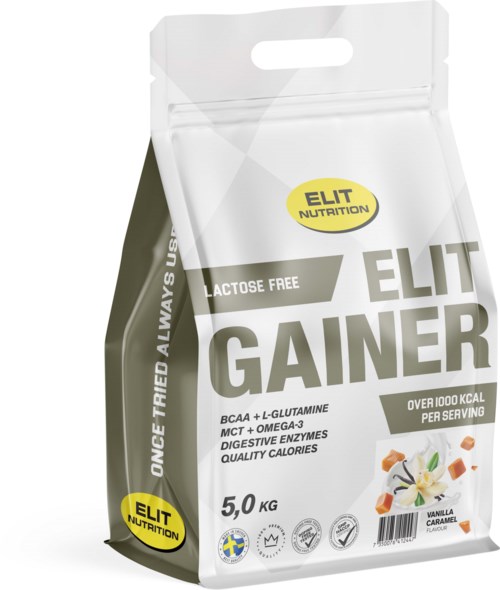 Lactose-free protein powder with vanilla and caramel flavor, 5 kg size, high calories, made by ELIT Nutrition.