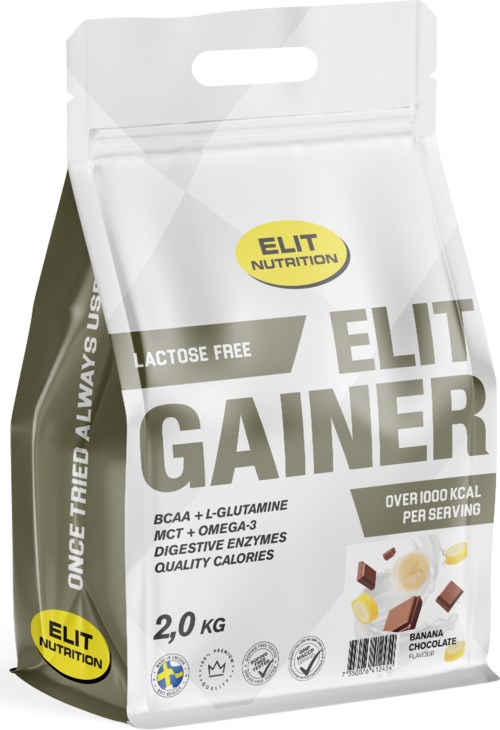 En hvit pose merket 'ELIT GAINER' inneholder 2 kg av et næringstilskudd. Den nevner ingredienser som BCAA, L-glutamin og sjokoladesmak.