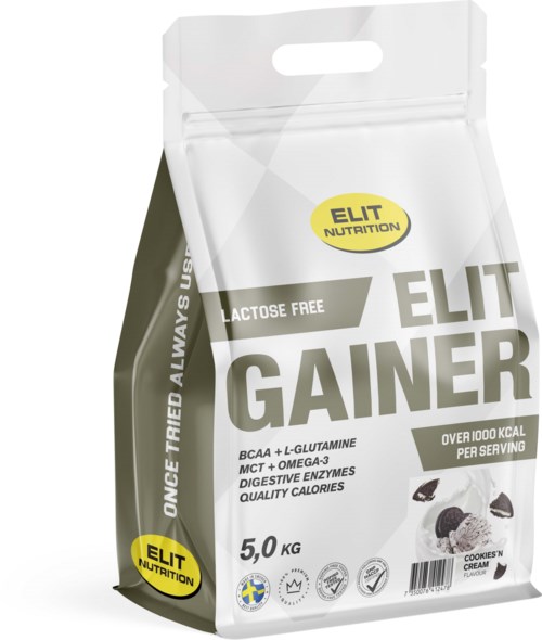 En hvit og grønn pose med merket "Elit Gainer" som har informasjon om ernæring, kalorier og ingredienser, inkludert kjeks og krem smak.