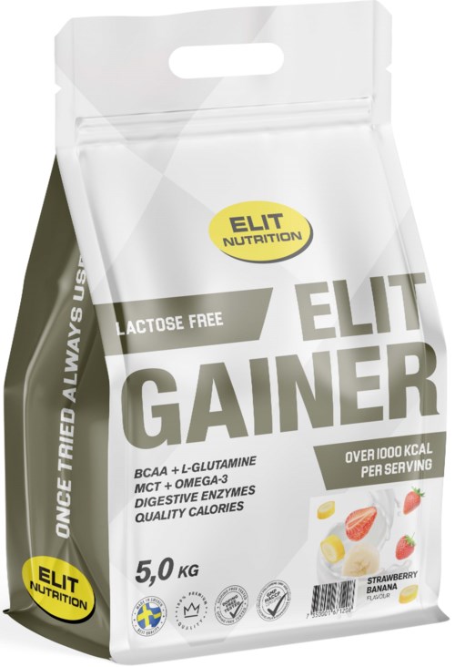 A white bag labeled 'ELIT GAINER' with strawberries and bananas images, containing 5 kg of a protein supplement.