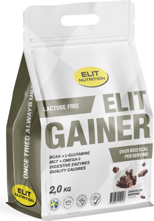 A white and green bag labeled "ELIT GAINER" with information about nutritional contents and a chocolate brownie flavor.