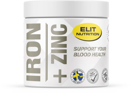 A white container with a lid, labeled with words like "Iron + Zinc," and a yellow oval saying "ELIT NUTRITION."