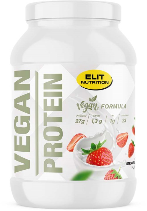 Vegan protein powder container with strawberries, strawberries flavor, 27g protein, and natural ingredients.