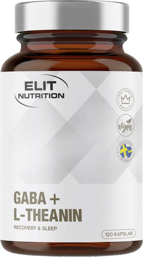 Flaske med GABA og L-Theanin-kapsler for restitusjon og søvn med etikett som viser merket Elit Nutrition og svensk flagg.