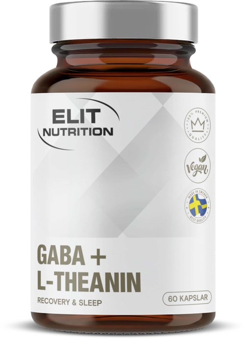 Flaske med kosttilskudd som heter GABA + L-Theanin, for restitusjon og søvn, inneholder 60 kapsler, merkinger inkluderer vegansk og svensk symbol.