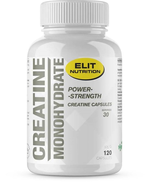 En vit flaska märkt "Creatine Monohydrate" från Elite Nutrition, innehållande 120 kapslar, för energi och styrka.