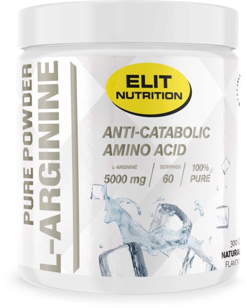 En hvit beholder merket 'L-Arginine' med merket 'ELIT Nutrition', fremhever anti-katabol aminosyrer og 5000 mg L-Arginine.