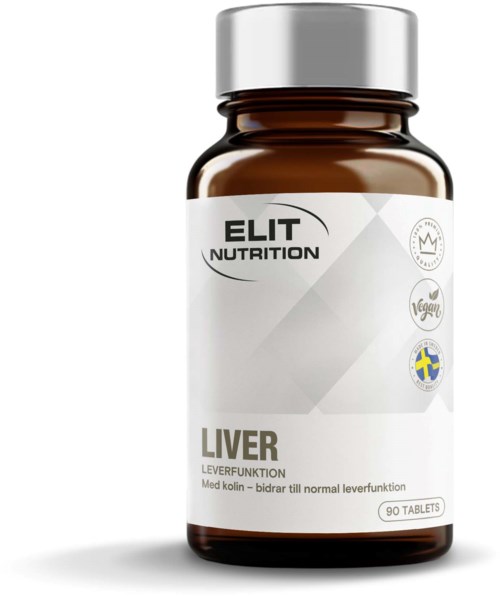 En kosttilskuddsflaske merket 'Elit Nutrition Liver' med 90 tabletter, fokus på leverstøtte, inneholder svenske og veganske symboler.