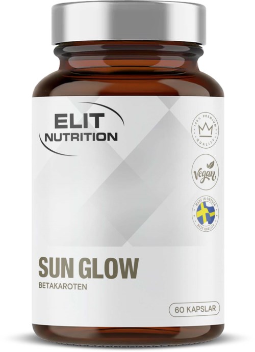 Kosttilskuddflaske merket Sun Glow Betakaroten, inneholder 60 kapsler, med ikoner for vegansk, dyrefri og svensk opprinnelse.