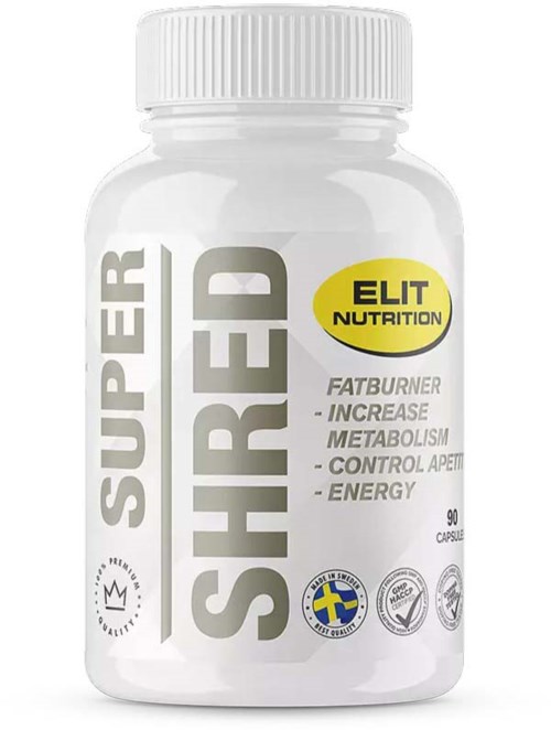 En vit flaska märkt Super Shred Elite Nutrition med gul och grå text, och ikoner som visar kvalitet och ursprung.