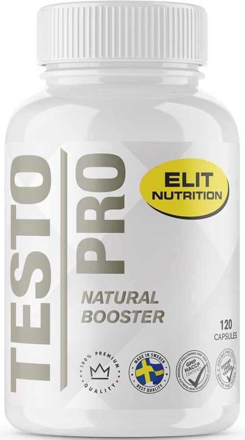 A white bottle labeled 'Testo Pro Natural Booster' with yellow and black accents, containing 120 capsules.
