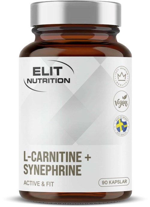 Bottle of dietary supplement labeled 'L-Carnitine + Synephrine.' Features icons for vegan, Swedish flag, and a crown.