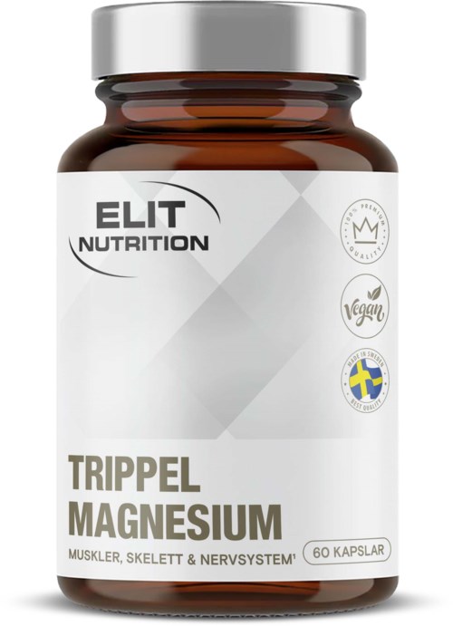 En brun flaske med hvit etikett som viser ELIT NUTRITION, vegan- og svenske ikoner, og tekst om magnesiumkapsler.