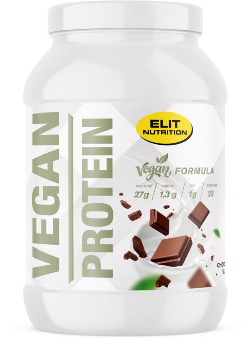 Vegan protein powder with chocolate flavor, highlighting high protein content and plant-based ingredients.