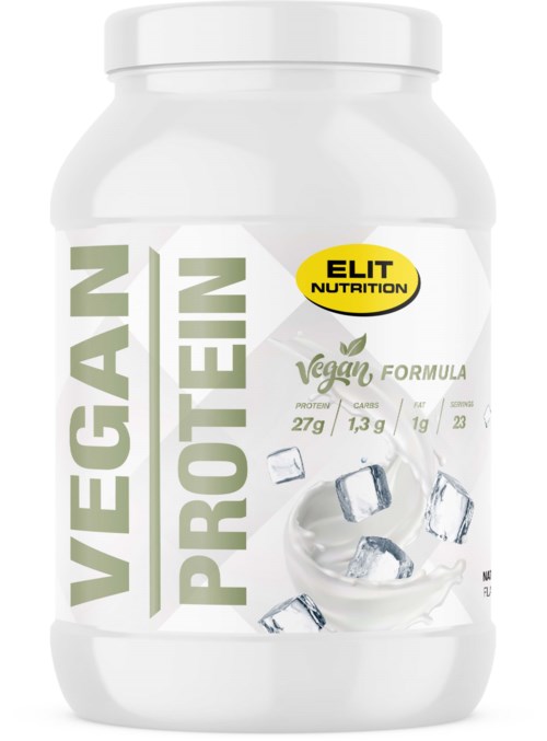 Vegan protein powder container, with ice cubes and nutrition info, labeled as allergen-free and organic.