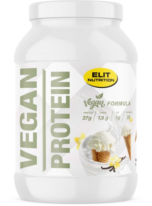 Vegan protein powder container with a lemon and vanilla ice cream picture and health info.