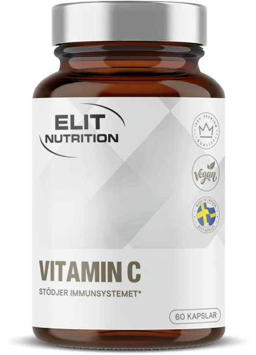 Vitamin C-kapsel bottle med etikett som viser merkevare, vegan og svensk flagg, og 60 kapsler.