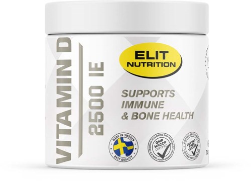 A white container of dietary supplement with labels for Vitamin D, 250 IU, that supports immune and bone health.