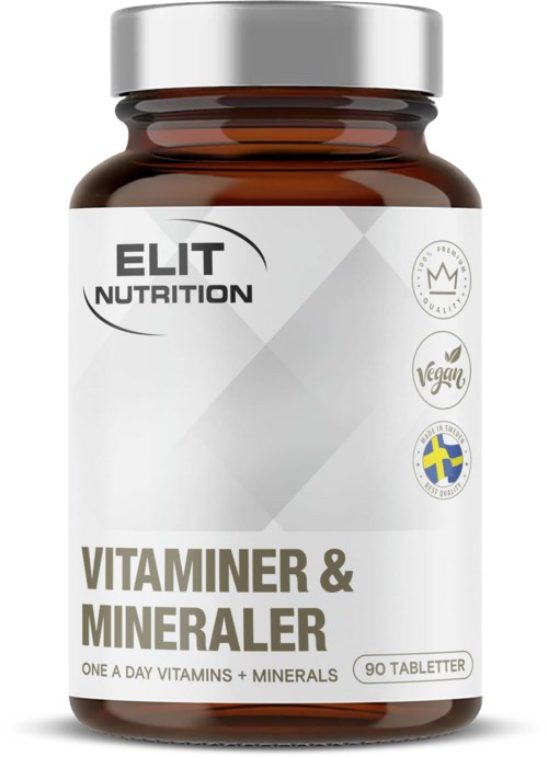 flaske med multivitamin- og mineraltabletter for daglig bruk, med etiketter som viser veganske og svenske sertifiseringer.