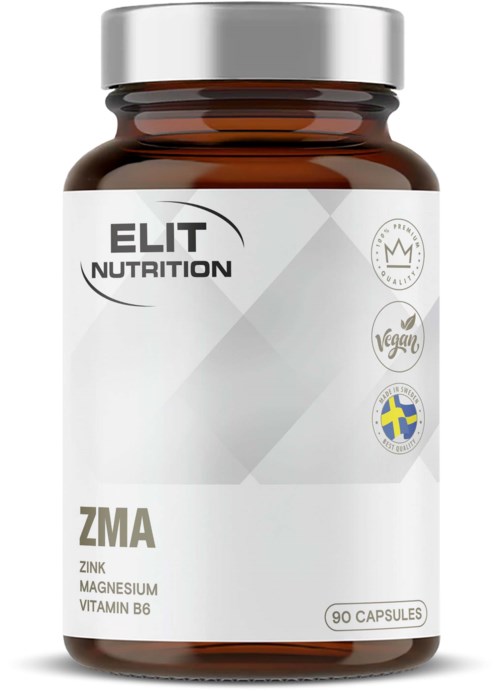 Tabelettflaske med hvit etikett som viser ELIT NUTRITION, ZMA, sink, magnesium, vitamin B6, vegan, og Sverige-symbol.