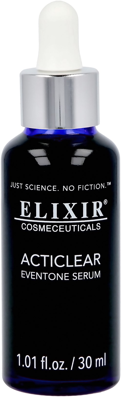 En mörkblå flaska med en vit droppkork, märkt Elixir Cosmeceuticals, Acticlear serum, 30 ml.