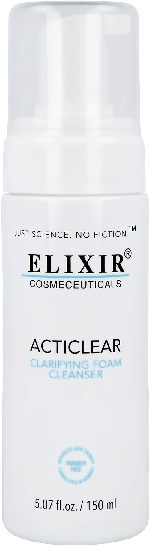 En vit flaska med pump, märkt Elixir Actclear Clarifying Foam Cleanser, 150 ml.