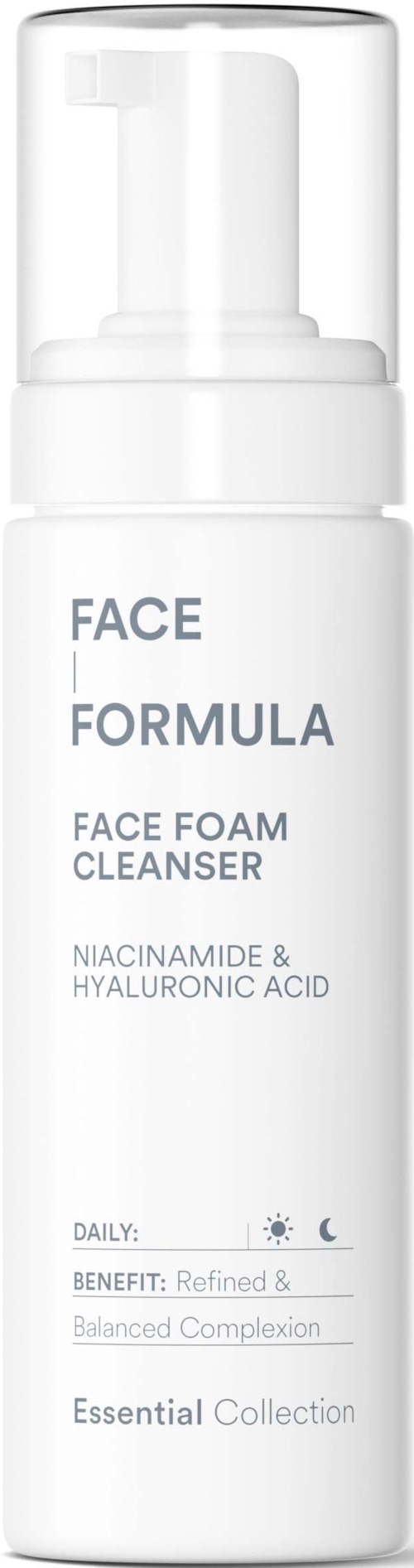 A white facial foam cleanser bottle with a pump, labeled Face Formula Face Foam Cleanser, featuring ingredients and benefits.