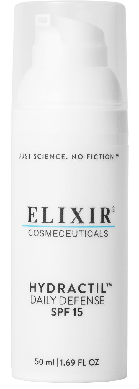 Valkoinen pumppupullo, merkki Hydractil Daily Defense SPF 15, 50 ml, Elixir Cosmeceuticals.