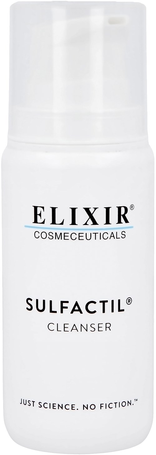 Eine weiße Flasche mit der Aufschrift Elixir Sulfactil Cleanser und einem klaren Pumpenkopf.