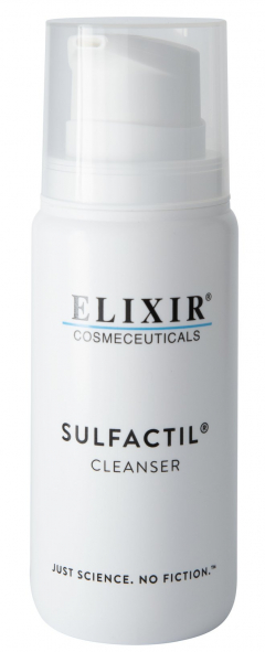 Eine weiße Flasche mit der Aufschrift 'Elixir Cosmeceuticals Sulfactil Cleanser' und weißem Pumpenkopf.
