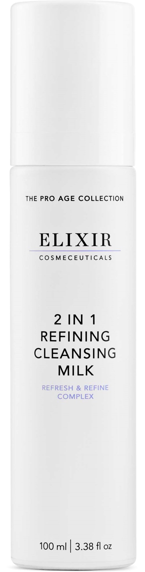 A white bottle labeled Elixir Cosmeceuticals, 2 in 1 refining cleansing milk, 100 ml, simple design.