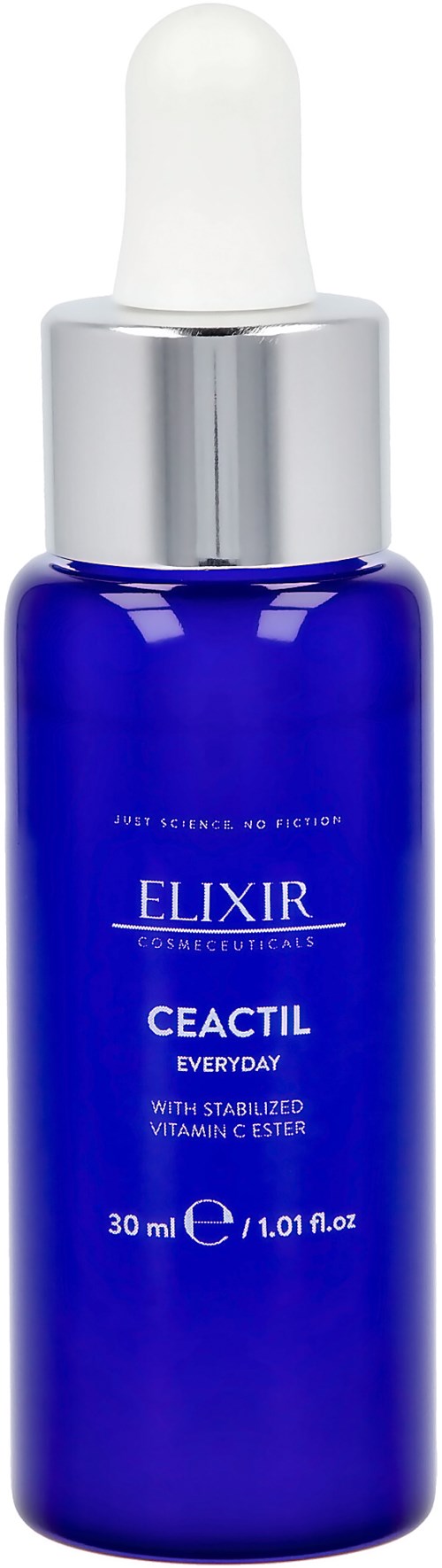 En liten blå flaska med vit droppkork, märkt för hudvård med C-vitamin och stabiliserade ingredienser.