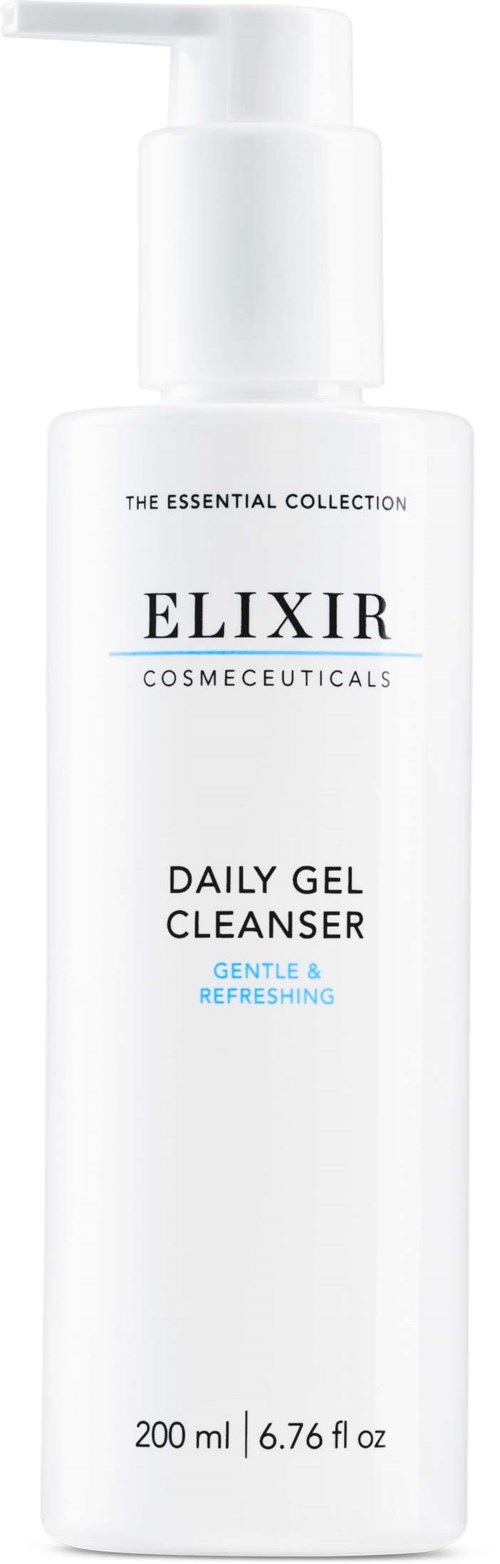 En vit flaska med pump märkt ELIXIR Daily Gel Cleanser, mild och uppfriskande, 200 ml.