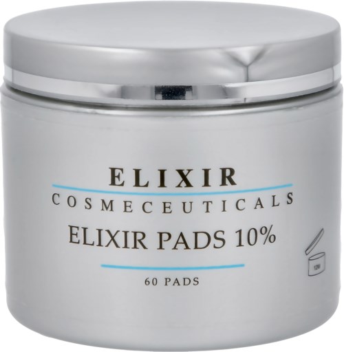 En vit behållare med silverlock, märkt 'ELIXIR COSMECEUTICALS ELIXIR PADS 10%, 60 pads' och en liten pad-ikon.