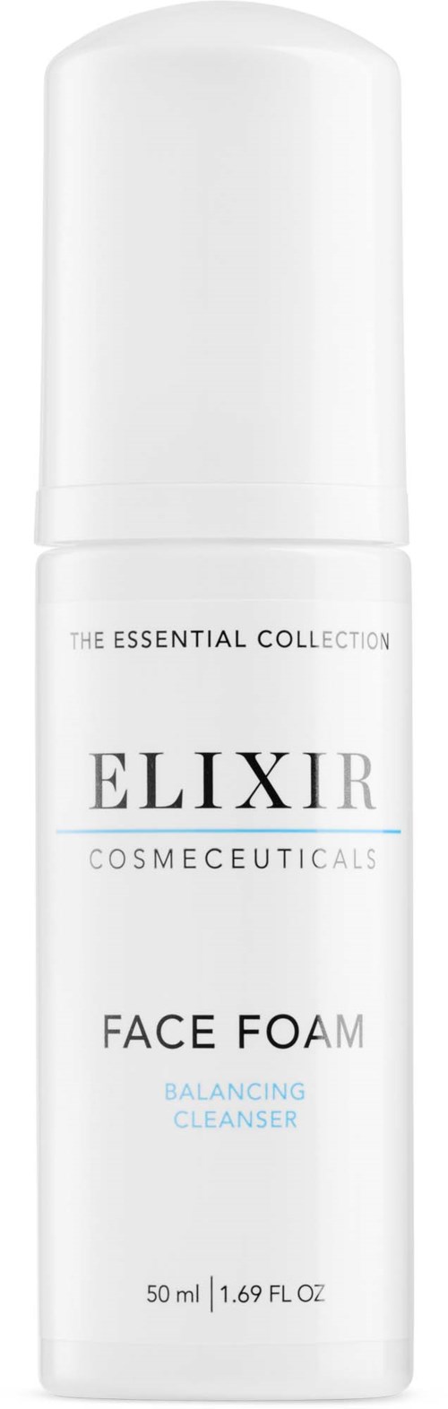 Een witte fles met label Elixir Face Foam Balancing Cleanser, 50 ml, van The Essential Collection. Het is lang en cilindrisch.