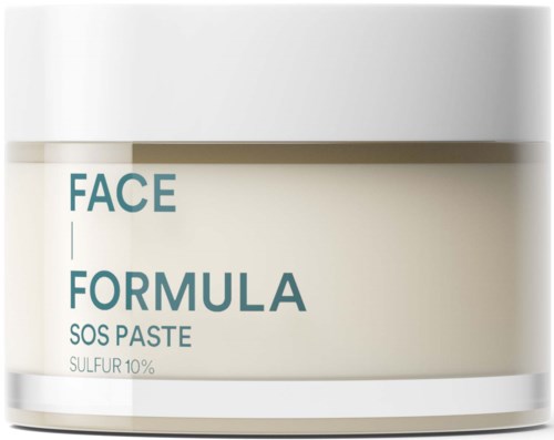 Een potje met Face Formula SOS Pasta met 10% Zwavel productlabel.