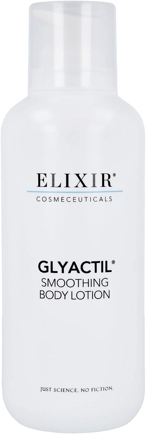 En vit flaska med lock, märkt Elixir Glyactil Smoothing Body Lotion, med enkel svart text.