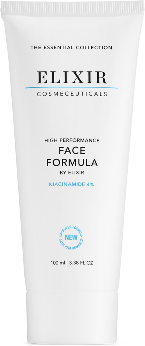En hvit tube med ansiktsformel-kosmetikk med blå og svarte tekster, merket Elixir Cosmeceuticals High Performance Face Formula.