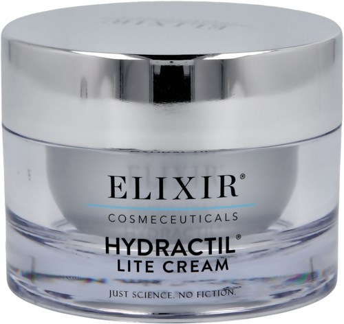 Lasipurkki hopeisella kannella, merkinnällä Elixir Hydractil Lite Cream, ihonhoitotuote, tieteellinen iskulause etupuolella.