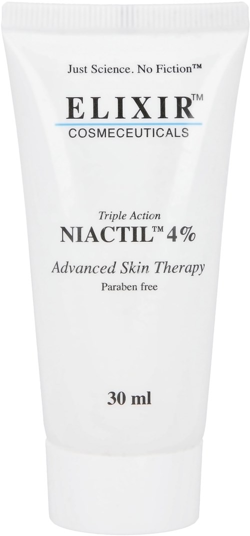 Valkoinen putkilopakkaus ihonhoitonauvasta, merkinnällä 'Elixir Cosmeceuticals' ja 30 ml, sisältäen ainesosia ja ihonhoitohyötyjä.